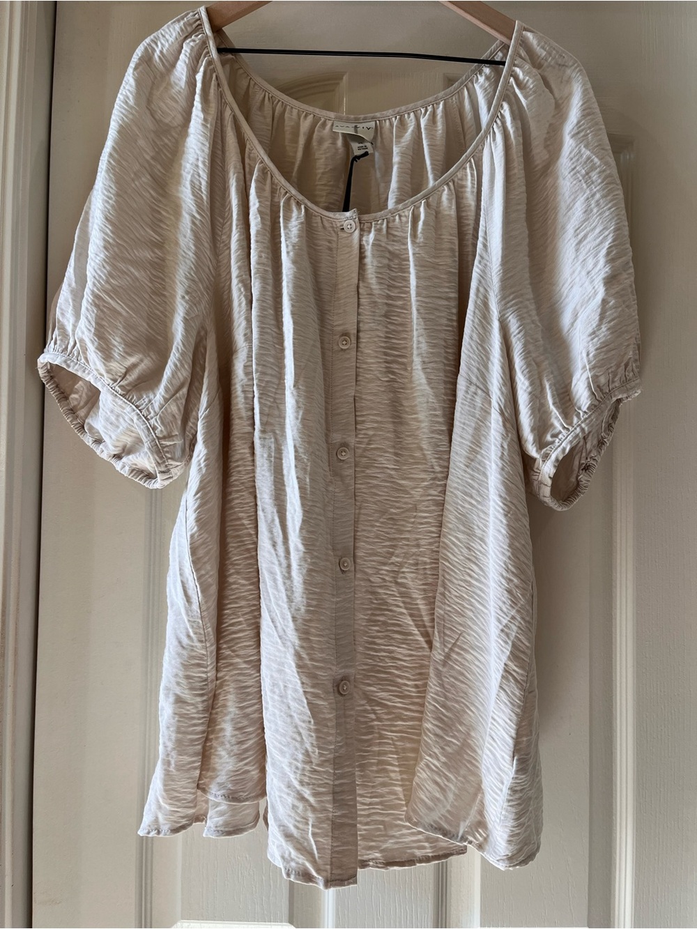 Ava&Viv Light Beige Textured Button Up Peasant Blouse Boho Cottagecore Coastal